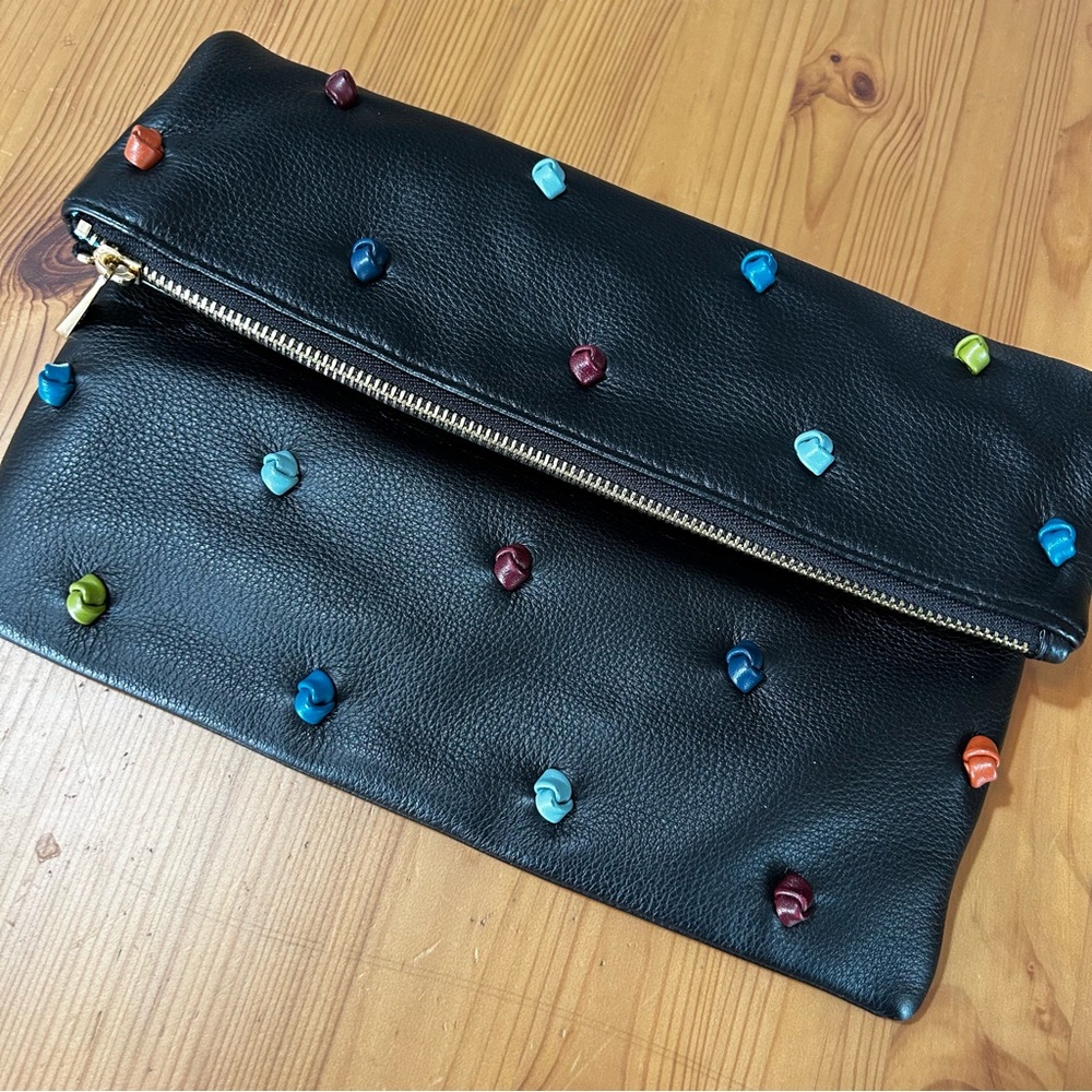 Multicolor Studded Black Leather Clutch